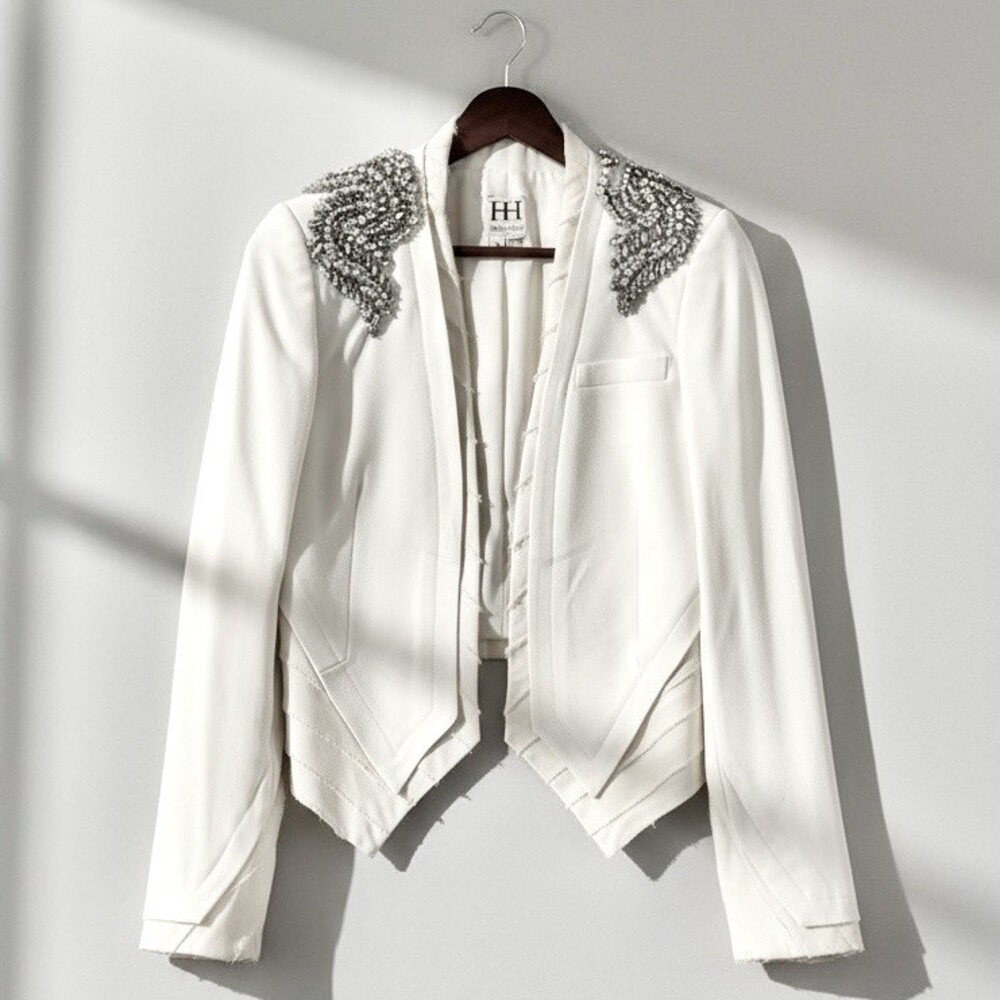 Haute Hippie Raw-Edge Beaded Open Ivory Silk Blazer SZ 0 RETAIL $950